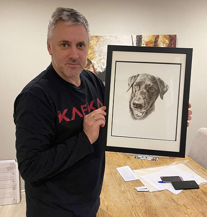 Detailed graphite pencil drawing of Beano, created as a custom pet portrait